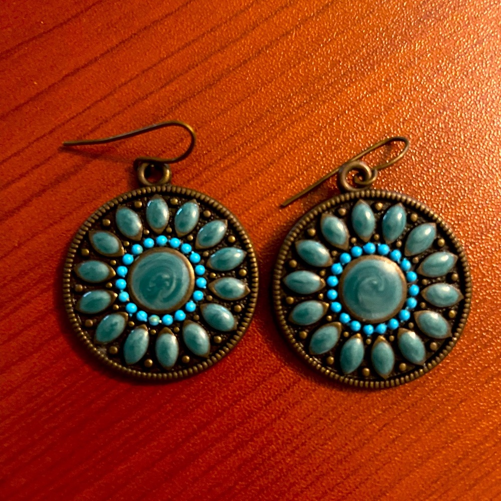 Teal medallion earrings